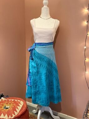 India Boutique Turquoise and Blue Wrap A-Line Skirt with Side Tie